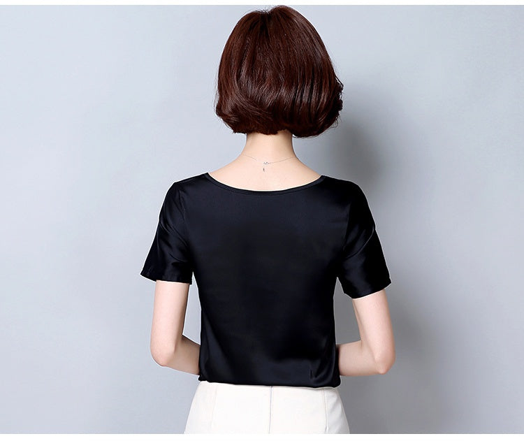 New outer wear silk round neck sling top satin short-sleeved stretch T-shirt large size bottoming shirt women