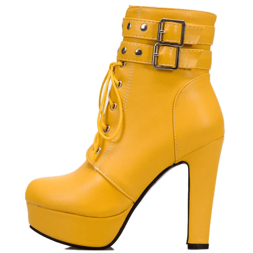 Women Ankle Boots Platform Lace-Up High Heels Short Boot Female Buckle Autumn Winter Red Yellow White Sexy Shoes Large Size34-46