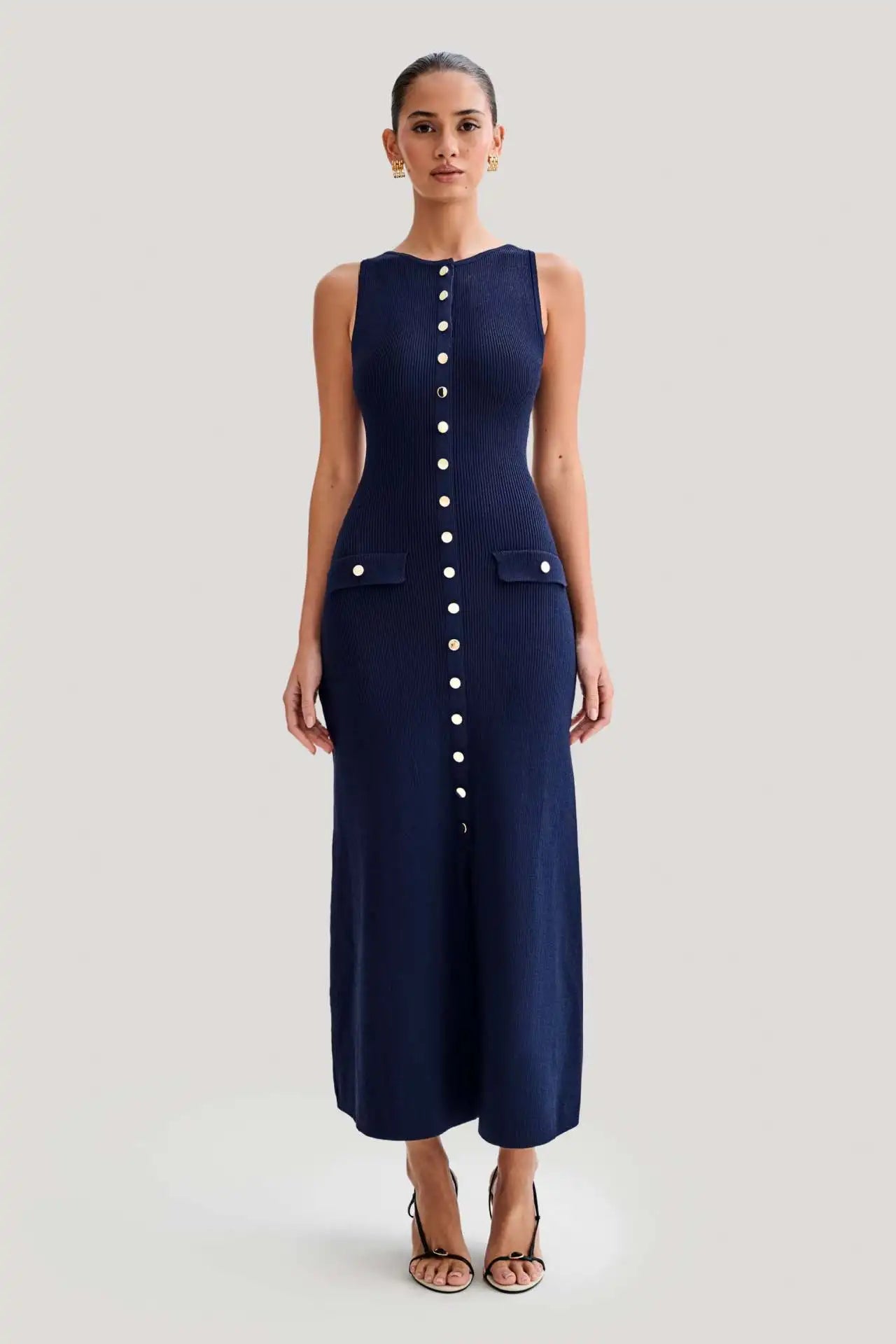 Knit Ribbed Cardigan Maxi Dress Female High Waist Slim Pocket Sleeveless Elegant Party Dress Women's Knitwear Long Dress