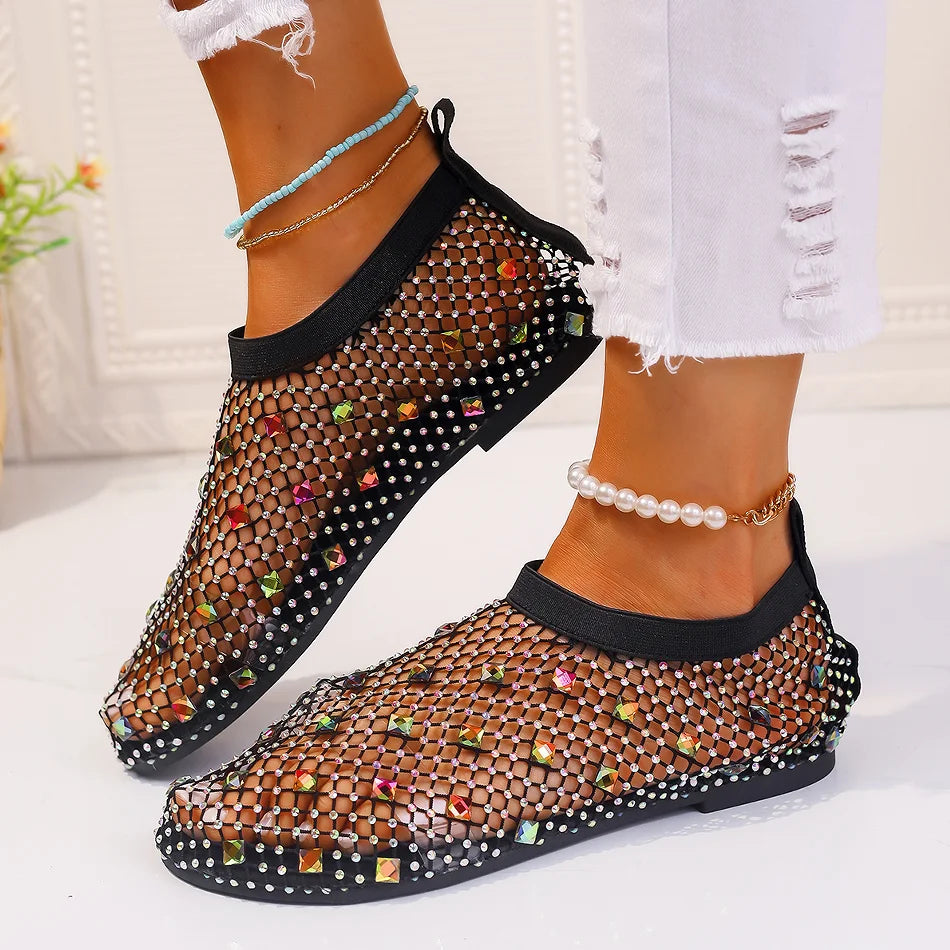 Summer Women's New Round Toe Flat Bottom Sandals Hollow Short Boots Water Diamond Sexy Flat Bottom Fashion Banquet Sandals