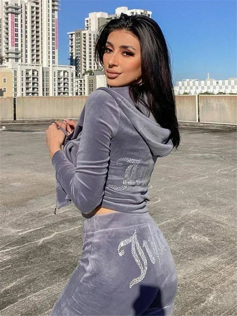 Two Piece Set Diamonds Hoodie Crop Jacket And Joggers Pants Outfits Streetwear Jogging Suits Juicy Corture Tracks