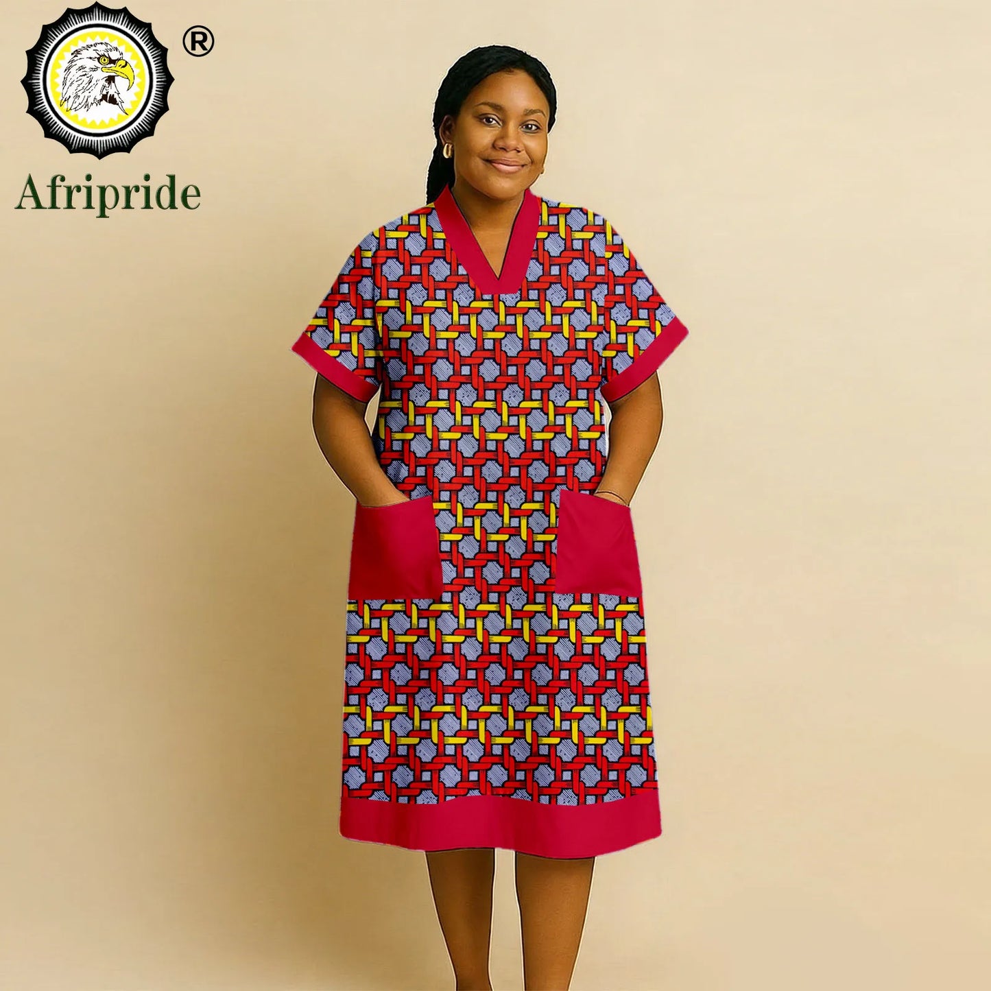 African Dresses for Women Short Sleeve V-Neck High Waist Pocket Elegant Fashion Ankara Attire Floral Printed Dresses 2625032
