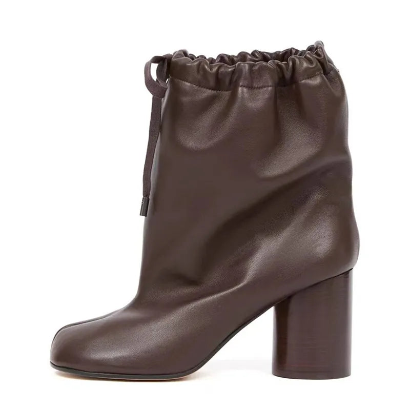 Street Style Fashion Split Toe Women Mid-calf Boots Autumn Winter Genuine Leather Tabi High heels Modern Chunky Booties Shoes