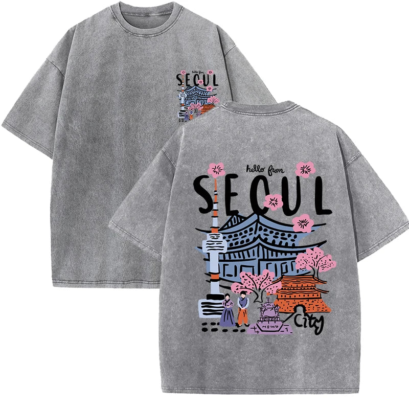 Seoul Beautiful Scenery Printed Washed T Shirt Female Summer Crewneck Clothes Trendy Cotton Short Sleeve Casual New T-Shirts