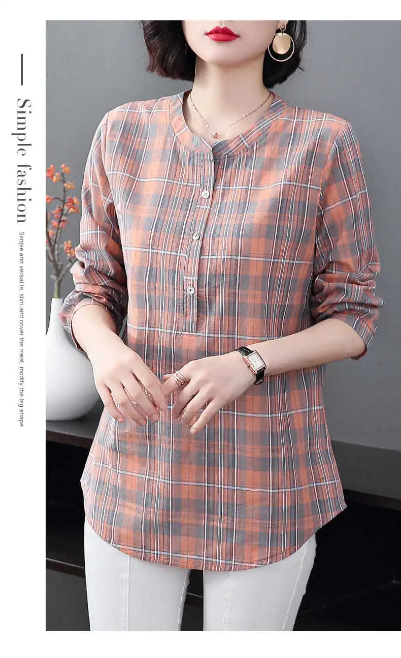 Fashion All-match Round Neck Plaid Shirt Women's Clothing Summer New Vintage Casual 3/4 Sleeve Button Spliced Pullovers Blouses