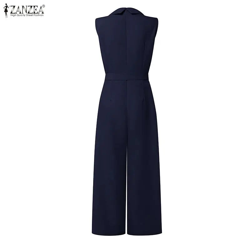 Fashion Women Jumpsuits ZANZEA 2026 Summer Rompers Lapel Neck Sleeveless Playsuit Elegant OL Work Wide Leg Overalls Trousers