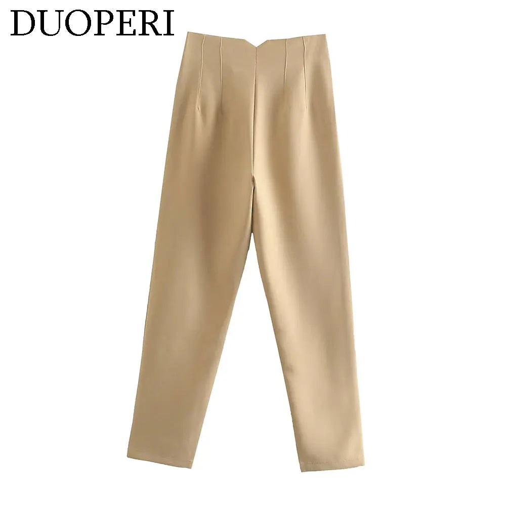 Duoperi Women High Waist Solid Trousers Chic Office Workwear Long Pants
