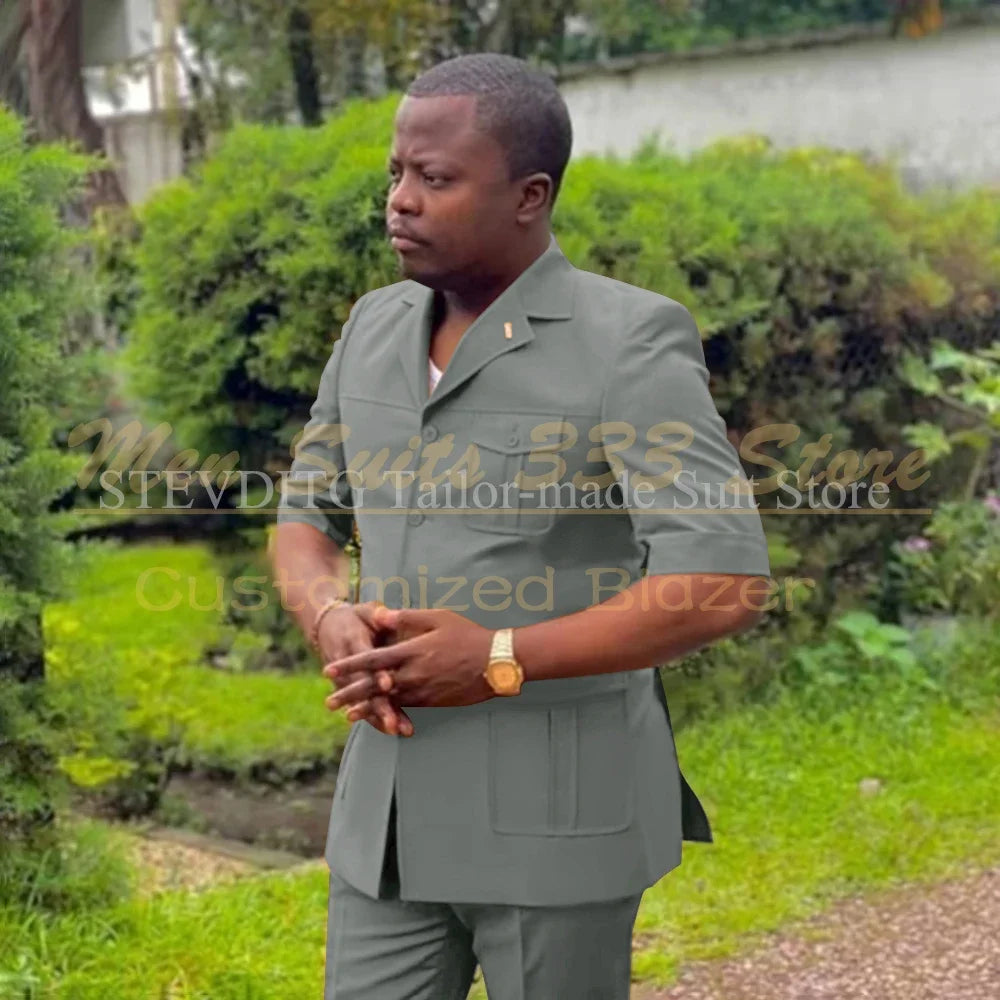 Safari Men Suits with Short Sleeve 2 Pieces Single Breasted Stand Notch Lapel African Fashion Style Set Jacket Pants