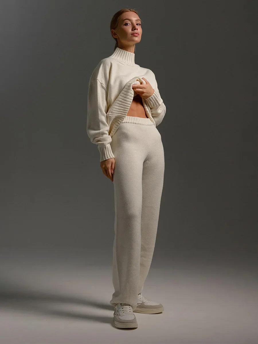 Blubelle Women's Autumn Winter Knit Pullover Sweater Pants Set Mock Neck Loose Fit Soft Cozy Trendy Elastic Waist Fashion Set