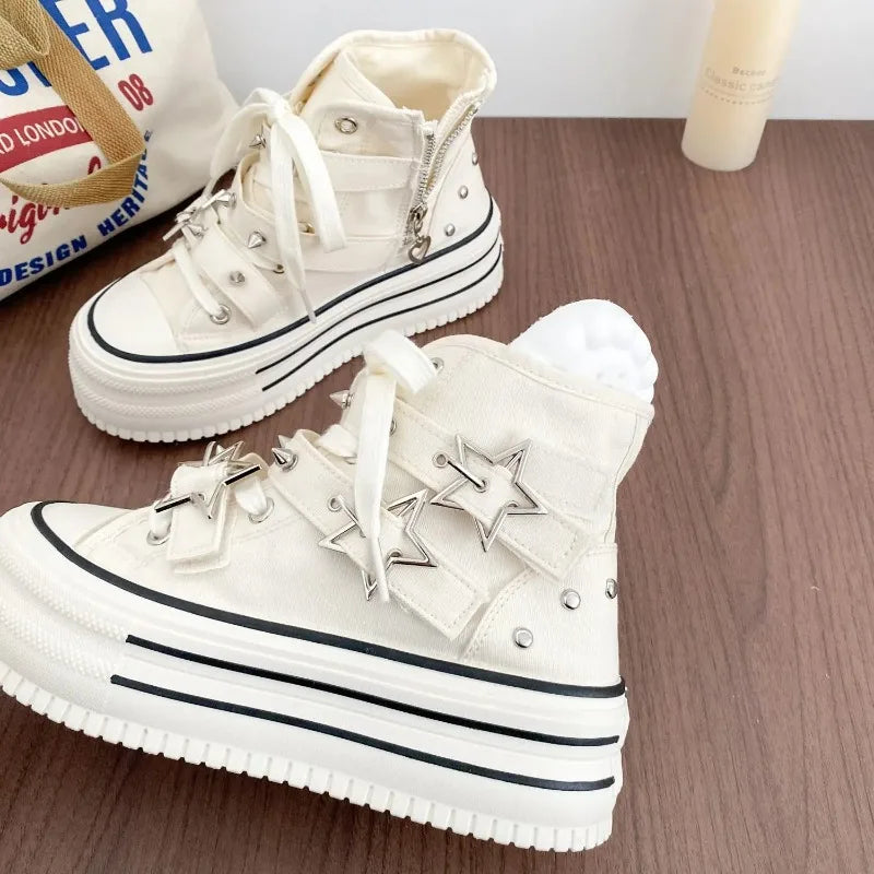 Y2K Pink High-top Canvas Shoes for Women Design Rivet Buckle Lace-up Platform Women's Summer Sports Shoes Fashion Board-shoe