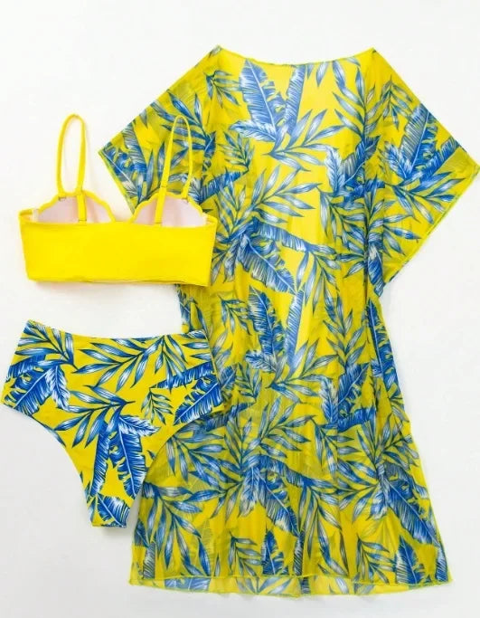 High Waist Leaf Print Bikini Swimsuit with Net Cover up Slimming Design Cross-Border New Style Women's Fashion Swimwear