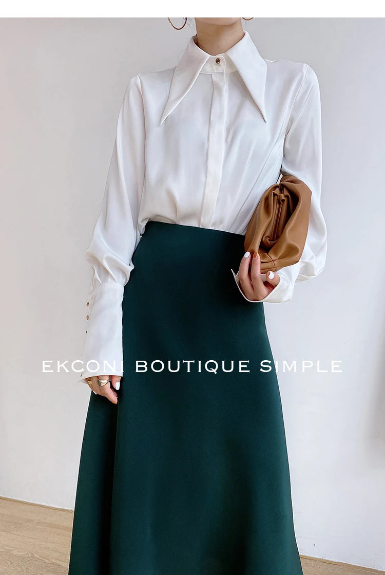 Stylish Elegant Turn Down Collar White Long Sleeve Satin Shirts Fashion Woman Vintage Blouse 2024 Office Lady Tops Blusas 16946