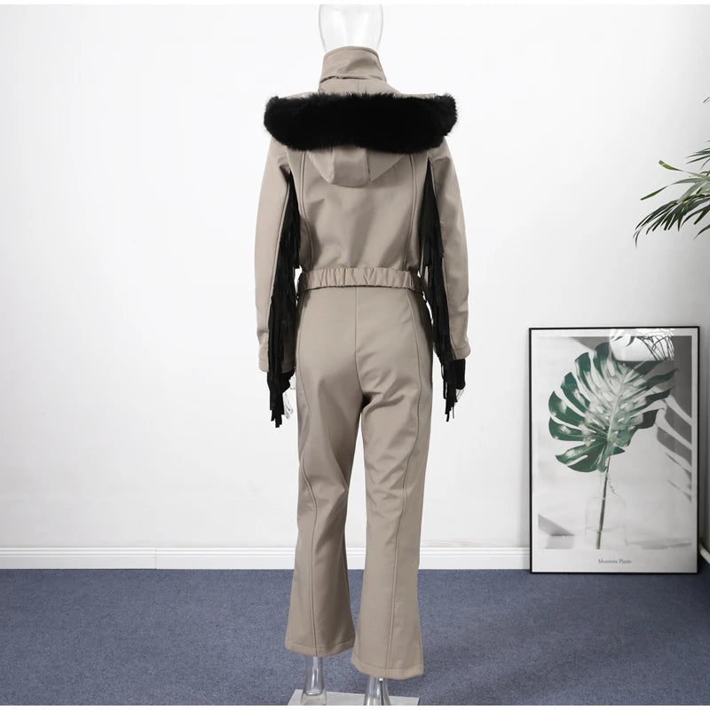 Women  Fur Collar Hooded Skiwear Fashion Solid Thicken Zipper High Waist Slim Outdoor Overalls Jumpsuit  Lady Winter Outwear