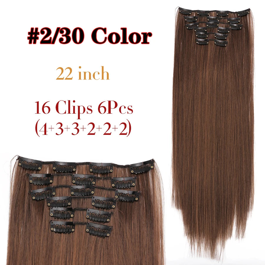 22 Inches Synthetic Long Straight Hairstyle 16 Clips 6Pcs/Set Hair Extensions Blonde Black Hairpieces Heat Resistant For Women