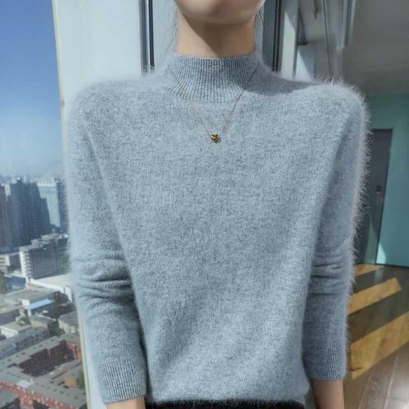 2024 Autumn And Winter New Women's Semi High Neck New Fashion Mink Sweater Long Sleeved Loose Sweater Slimming Knit Sweater Base