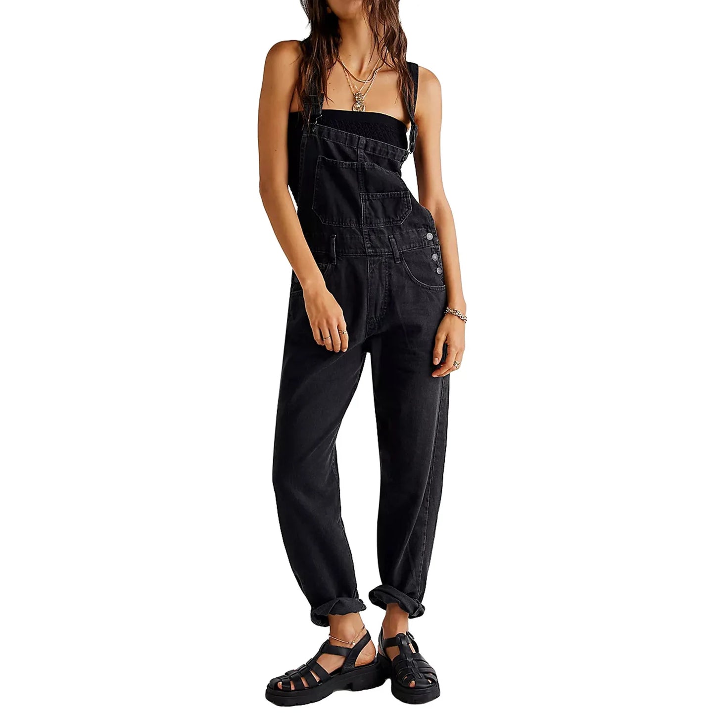 Lady Jumpsuits Retro Loose Straight Shoulder Straps Suspenders Pocket Overalls Casual Commuting Daily Work Wear Fashion Rompers