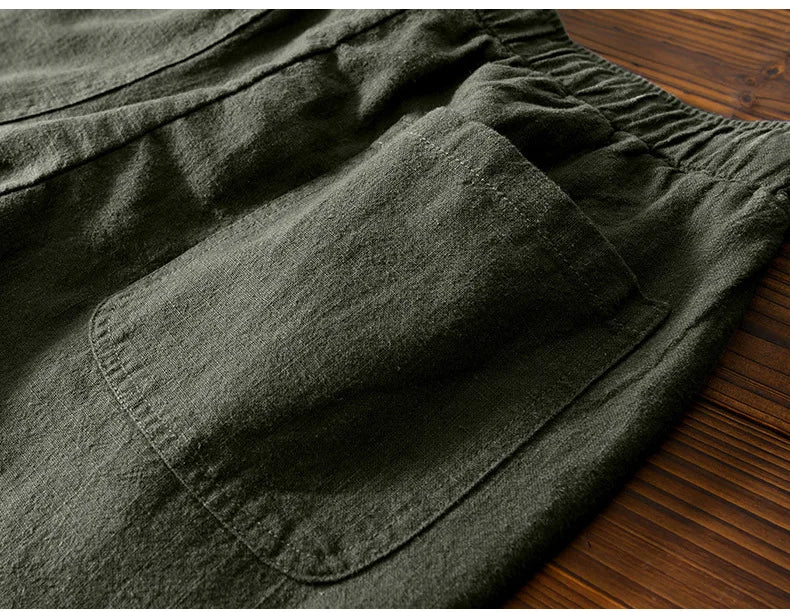 70% Linen,30% Cotton Men's Drawstring Elastic Waist Casual Pants, Straight Loose Ramie Trousers, Camping Fishing Comfortable