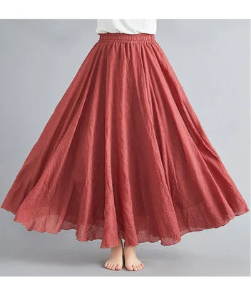 New 2020 Women Linen Cotton Long Elastic Waist Pleated Maxi Skirt Beach Vintage
