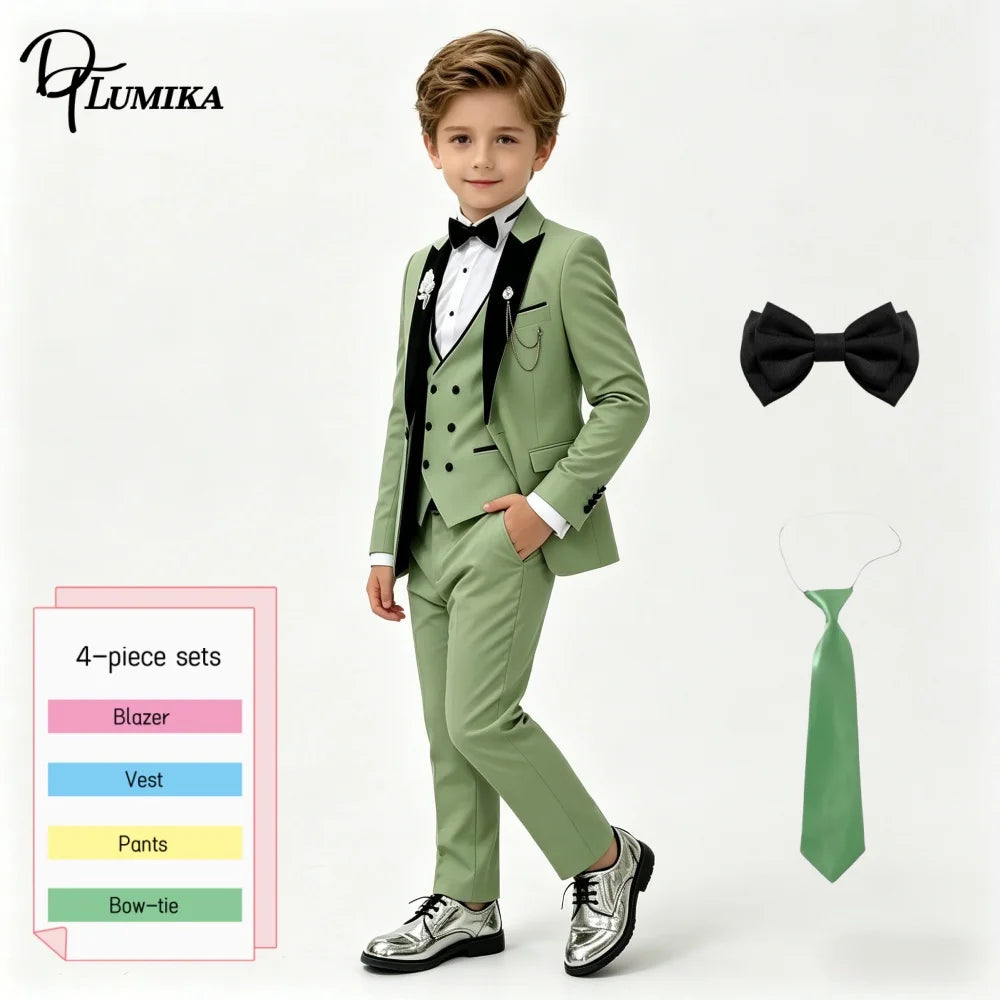 Boys Wedding Suit Jacket Vest Pants with Bowtie Tie Peak Lapel Kids Formal Tuxedo for Party Stage Prom Graduation Dress Outfit