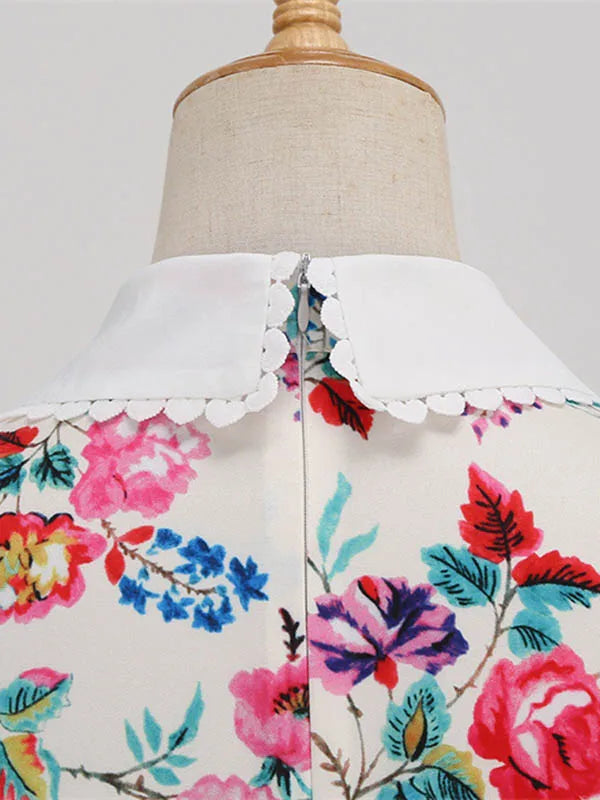 Women Vintage Dress Floral Print Peter pan Collar Elegant Party Dress Puff Short Sleeve Pin Up 50s Party Sundress 3XL