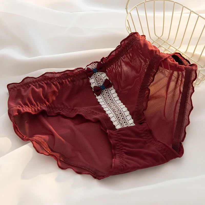 L-XL Women's Underwear Panty Sexy Lace Panties Bowknot Wine Red Brief Med Waist Seamless Underpants Female Lingerie Panties