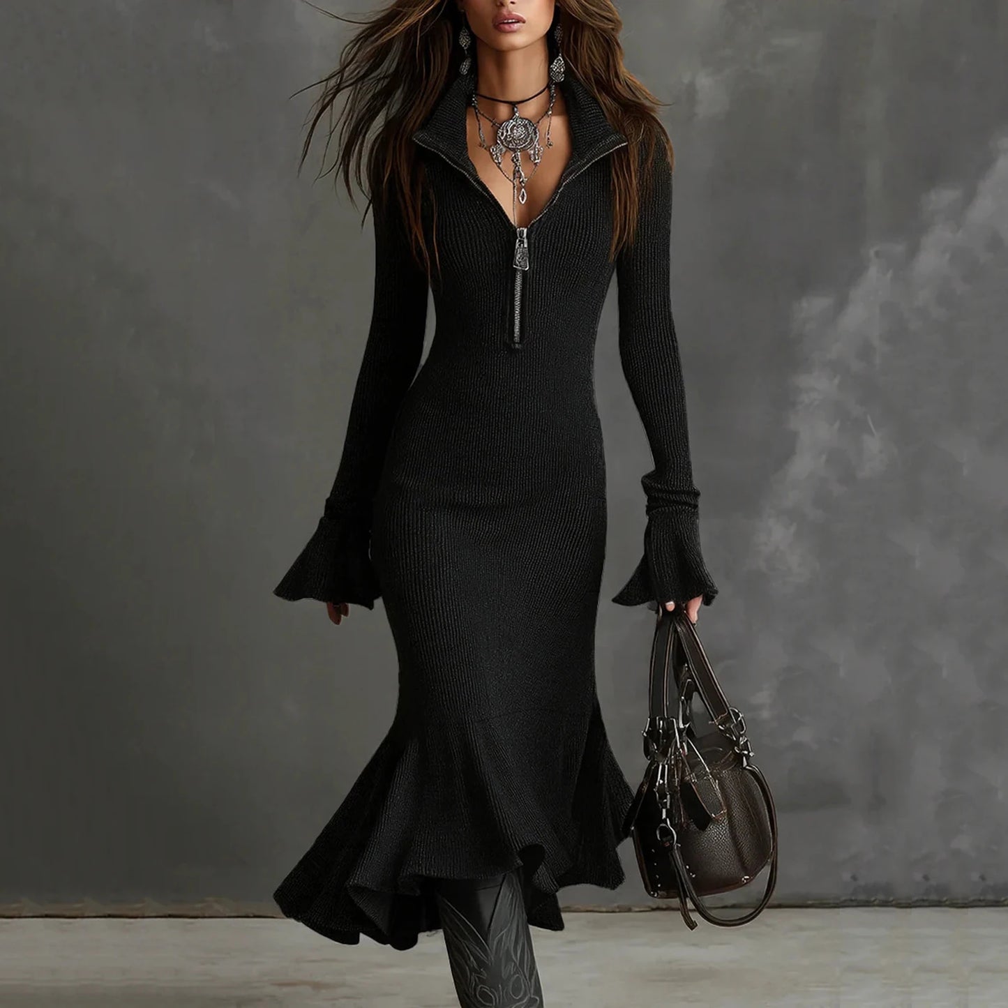 Fall Winter Sweater Dress Quarter Zip Bell Sleeve Mermaid Knit Bodycon Long Dress Trendy Chic Slim Fit Flared Hem Party Dress