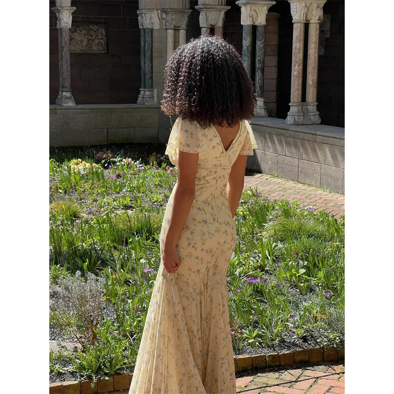 Vintage Print High Neck Midi Dress Belted Waist Bell Sleeve Flared Hem 2026 Summer Spring Chic Women Elegant Wedding Guest Gown
