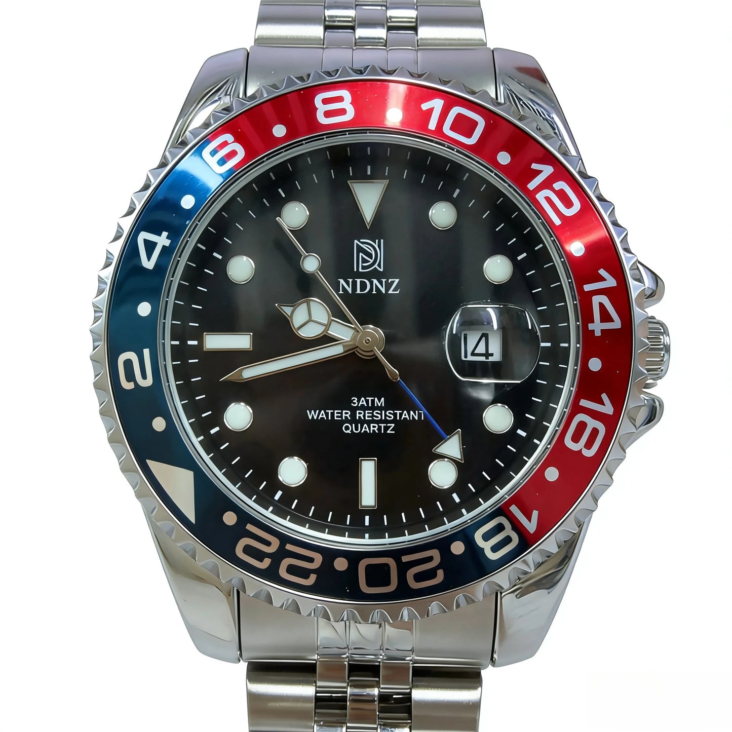 Men's GMT Style Quartz Watch, 3ATM Waterproof Stainless Steel Band, Black Blue Bezel Luminous Wristwatch with Date Display