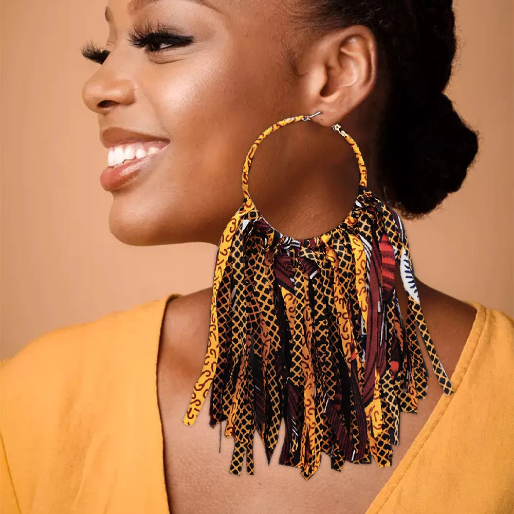 African Fabric Earrings Handmade Drop Tassels Earrings For Women Ethnic African Print Ankara Big Oversized Earings Daily Wear
