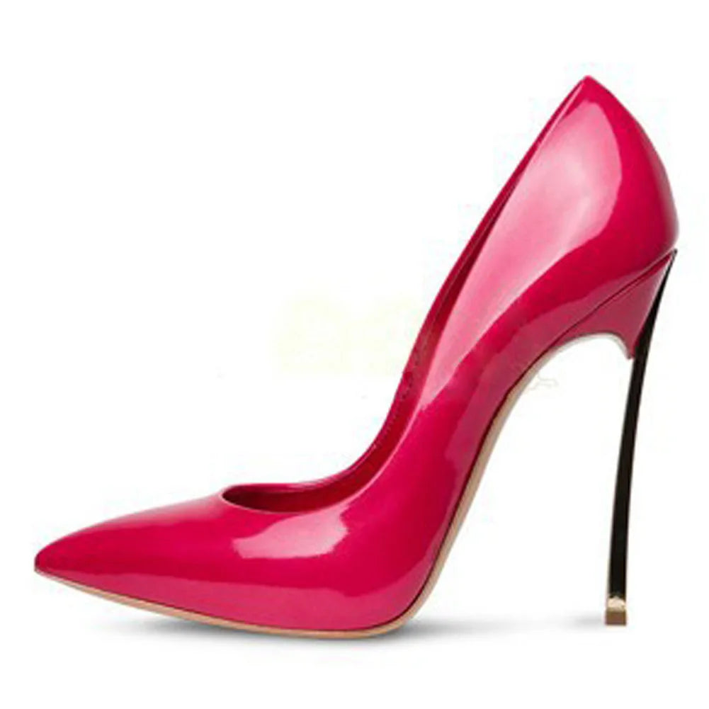 Spring and Autumn New Pointed Shallow Leather Single Shoes Metal Fine High Heel Banquet Dress Customized Large Size Women's Shoe