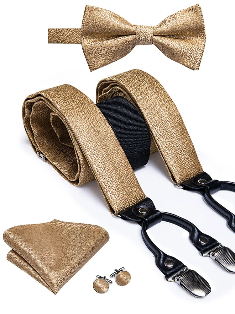 Hi-Tie Silk Adult Men's suspenders Set Leather Metal 6 Clips Braces Gold Brown Floral Vintage Men Fashion Wedding Suspenders Men BAZAARHUBO