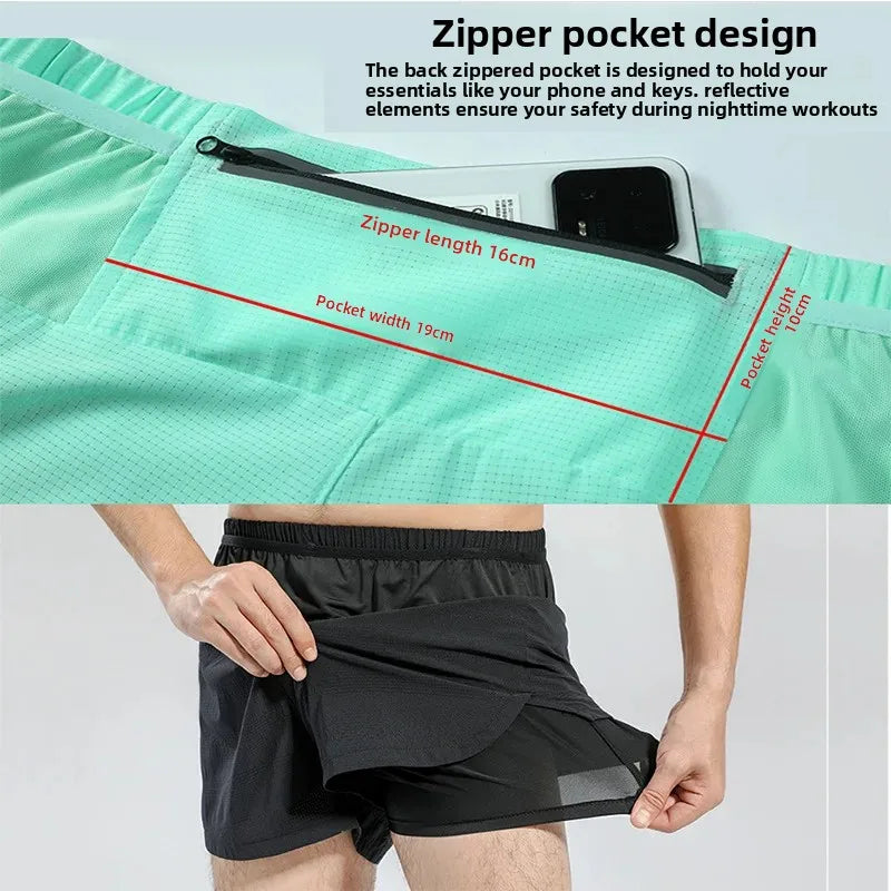 Men's Sports Shorts Quick Drying Fitness Professional Marathon Training Double-layer Three-quarters Running Shorts