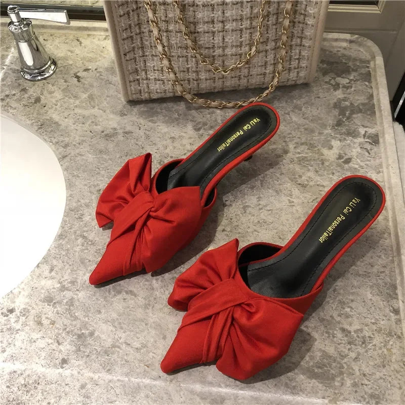 2024 Spring Pointed Toe Stiletto Heel Kitten Heels Bow Heel-Free Slippers for Women
