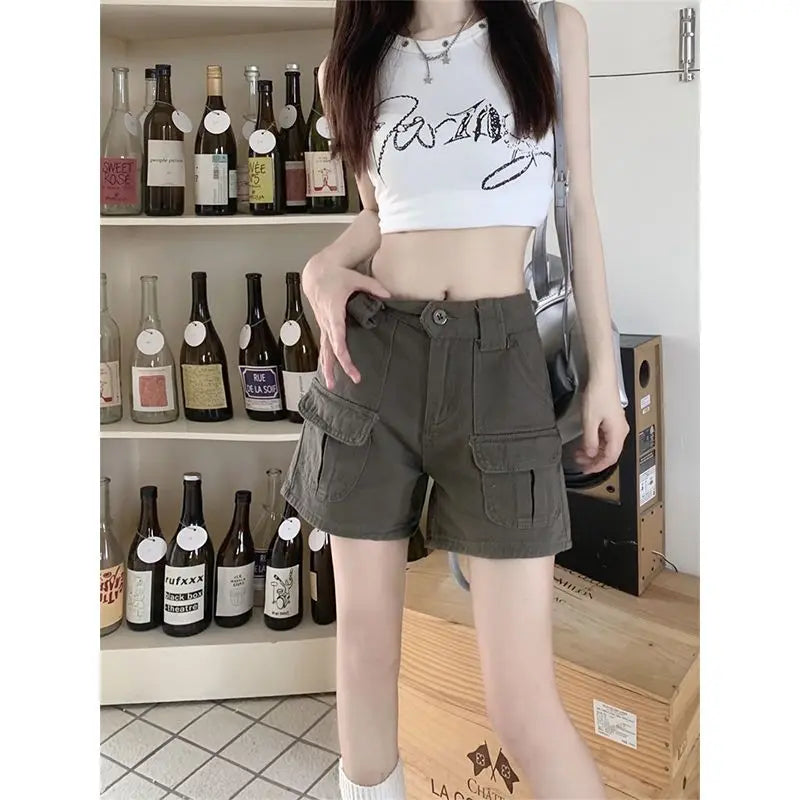 Straight Cargo Shorts Women Fashion American Retro Simple Leisure All-match Hot Summer Streetwear Mid Waist Pockets Designer Ins