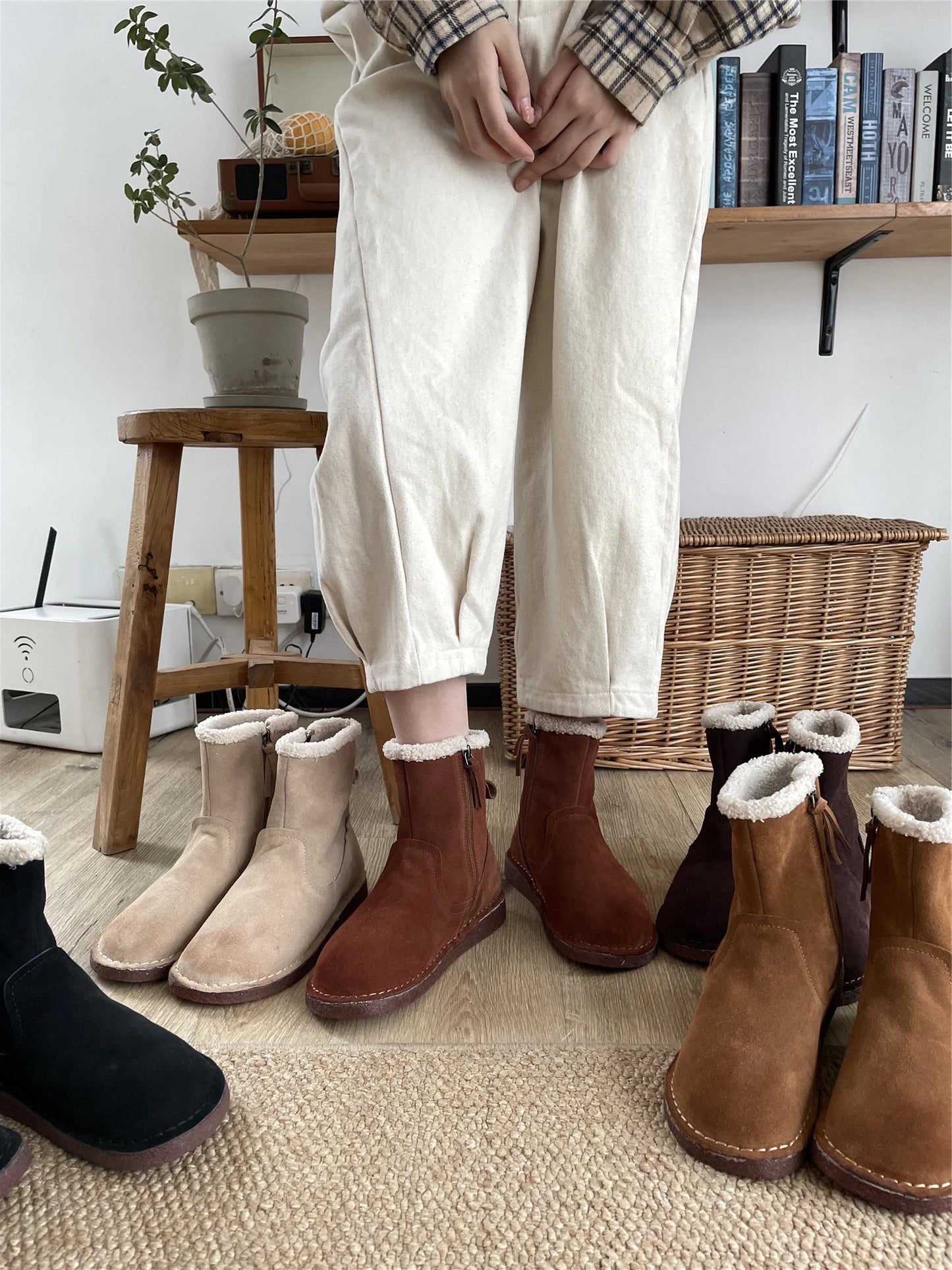 Careaymade-Genuine cow leather Snow cotton round head flats woolen short boots plush warm snow boots Oversized shoes size 35-43