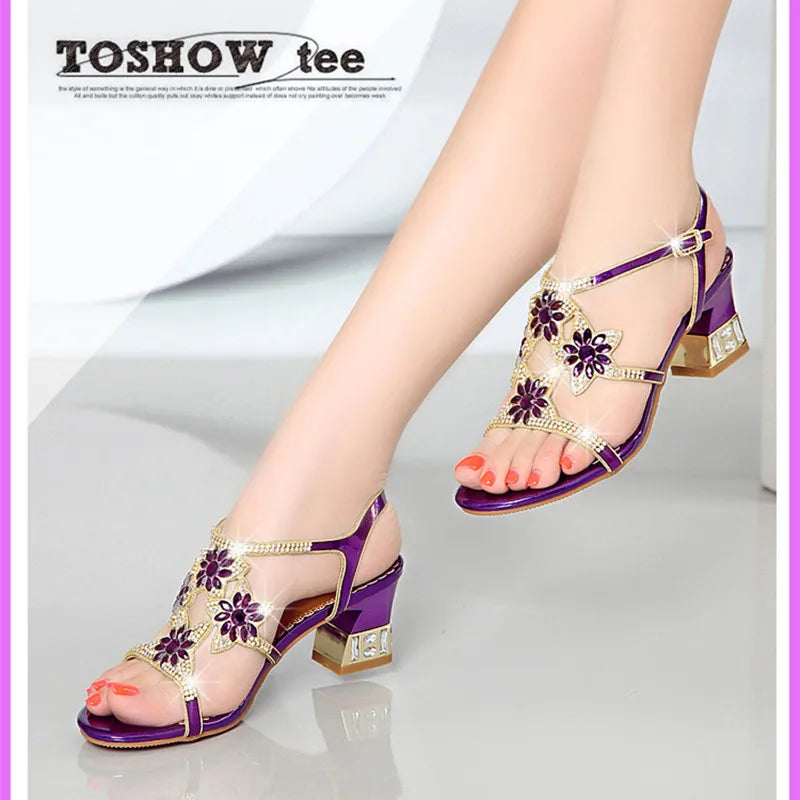 Comemore Ladies Low Block Heel Women's Sandal with Diamonds Outdoor Beach Shoes New Fashion Heeled Sandals High Heels Luxury 33