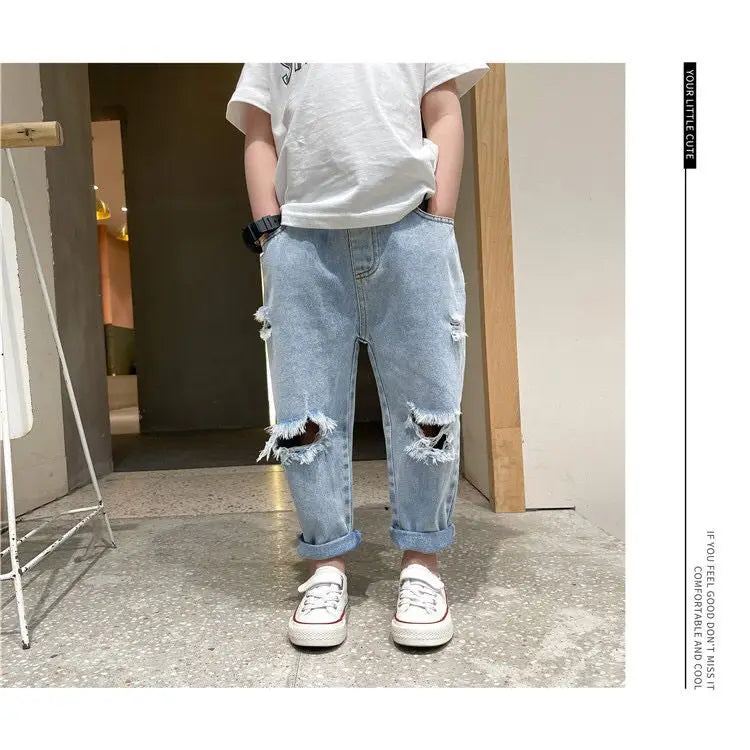 Kids Boys Pants Summer Ripped Jeans New Fashion Children's Baby Loose Casual Jeans Pants Boy and Girl Trousers