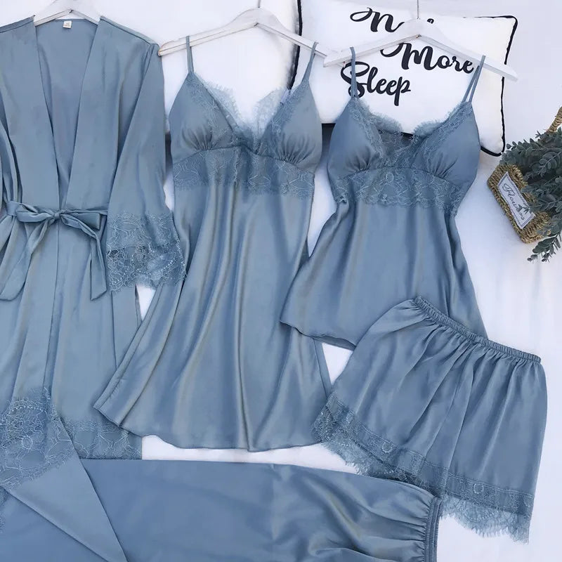 Women Pajamas Five Piece Set Spring Summer Sleepwear Nightgown Sexy Lace Bath Robe Gown Loose Silk Satin Home Wear Loungewear