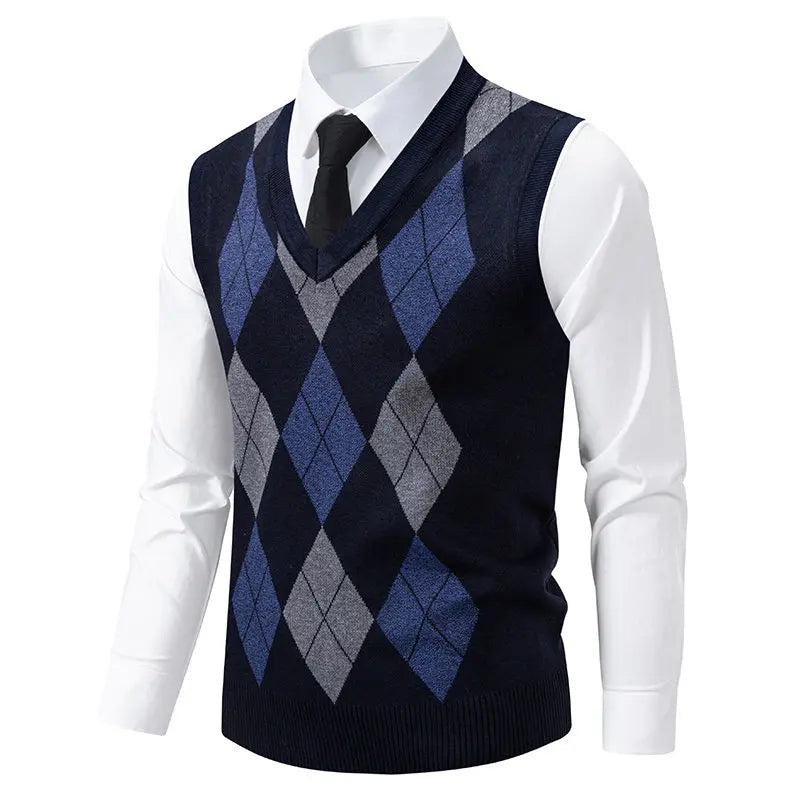 Mens Business Casual Knit Vest Classic Argyle Light Weight Knitwear Suit Vest Versatile Sleeveless Pullover Vests