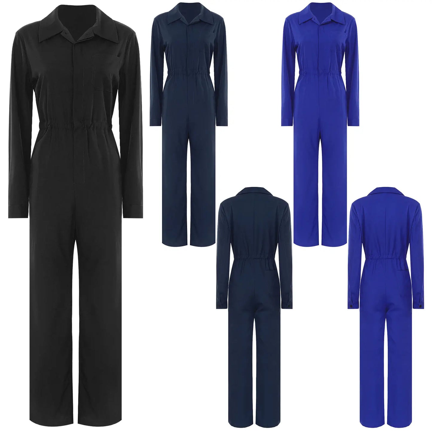 Womens Coverall Solid Color Turn-Down Collar Long Sleeve Button Jumpsuit Mechanic Work Overalls Fashion Casual Cargo Rompers