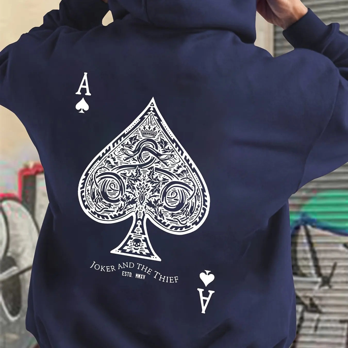Men's autumn and winter casual fashion loose back poker card A graphic printed long sleeved hooded sweatshirt warm pullover BAZAARHUBO