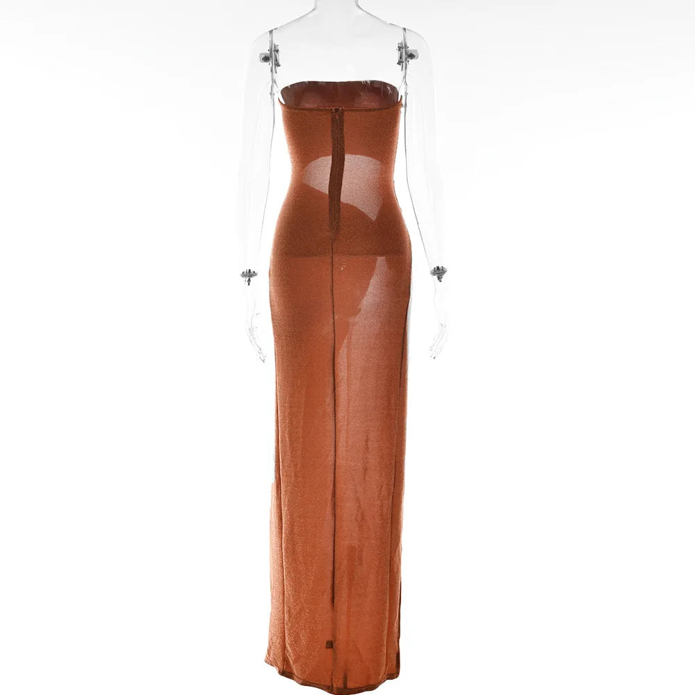 Cryptographic Summer Sexy Strapless Cut Out Slit Maxi Dress Elegant Outfits for Women Sleeveless Glitter Twist Dresses Vestido