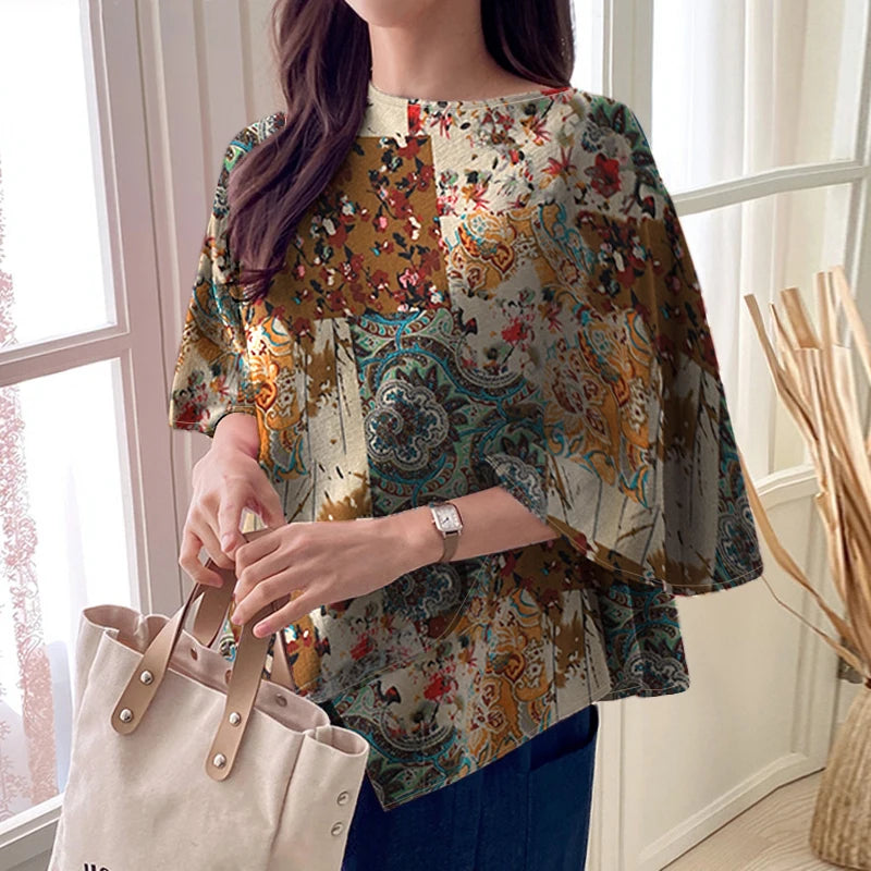 ZANZEA Women Fashion Blouse Chic 3/4 Sleeve Ruffle Hem Top Shirt 2025 Summer Round Neck Loose Blusa Elegant Irregular Work Tunic
