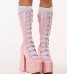Patent Leather Belt Buckle Sexy Boots Platform Party Zip Summer Fashion Women Lolita Boot Hollow Street Punk Thick High Heels