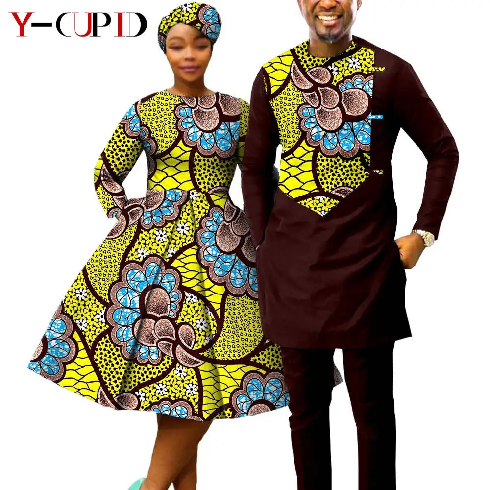 African Print Dresses for Women with Headwrap Matching Couple Outfits Dashiki Men Long Sleeve Pathwork Top and Pant Sets Y23C004