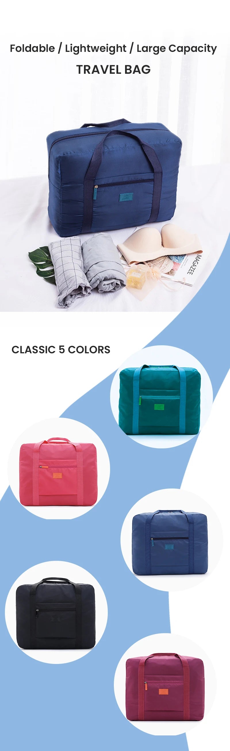 Lightweight Foldable Travel Duffel Bag Unisex Tote Carry-On Luggage for Weekenders Overnight Stays Trips Suitcase Organiser Bags