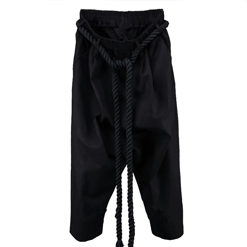 Men's Summer Black Linen Harem Pants Nightclub Stage Baggy Trousers With Rope Belt Mens Gothic Punk Hip Hop Joggers Street Wear