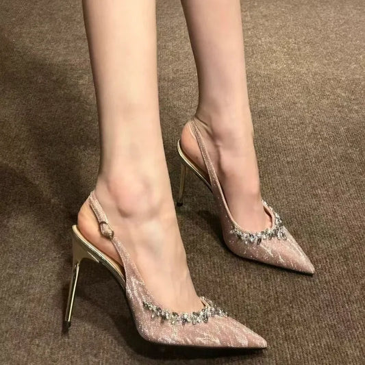 Fashion Stiletto Sandals Women's Pointed Toe Shallow Mouth Sequin Slip Strap Anti-Slip Wear-Resistant High Heels