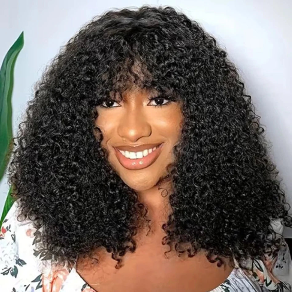 Short Curly Bob Human Hair Wig With Bangs Deep Curly No Lace 250 Density Brazilian Virgin Remy Fringe Human Hair Wigs Easy To Go