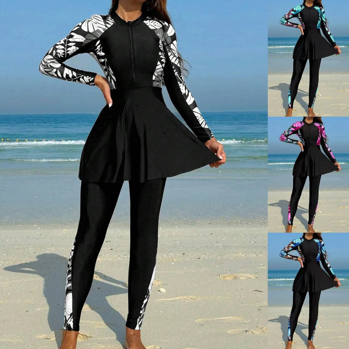 Burkini Femmes Swimwear Long Sleeve Black Tunic Swimsuit Full Leggings Front Zipper Swimming Suit Sun Protection Two Piece